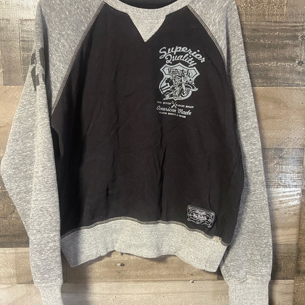 Von Dutch Black & Heather Gray Raglan Crewneck Sweatshirt Medium
